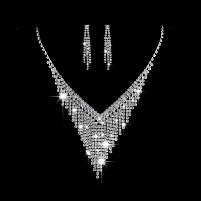 Diamond V-Neck Necklace & Earrings Set for Bridal Wear