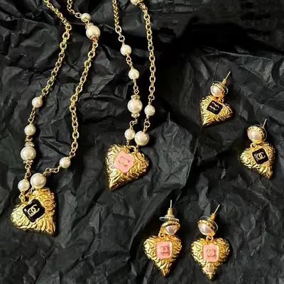 Heart Shaped Gold Necklace & Earrings Set with Pink Enamel