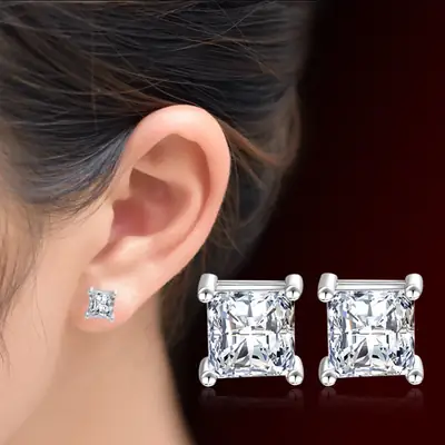 Square Princess Cut Earrings White Gold Pakistani Women