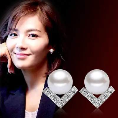 V-Shape Pearl Earrings Silver Plated Diamond Accents