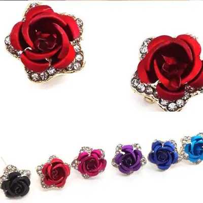 Rose Earrings Red Black Purple Blue Sparkle Rhinestones