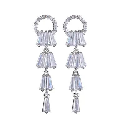 Long Tassel Ring Earrings AAA Zircon Silver