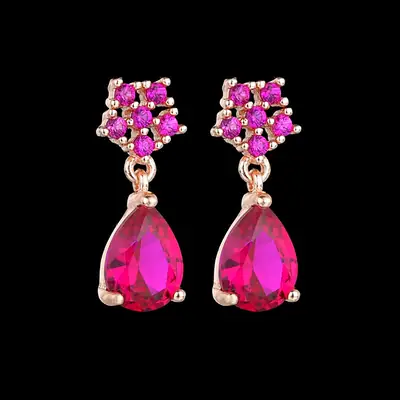 Synthetic Ruby Earrings Korean Flower Design Rose Gold