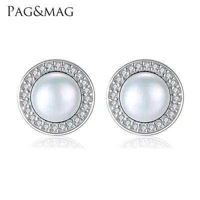 Pag& Mag Earrings 925 Silver Pearl Stone Halo