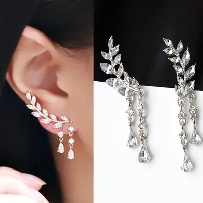 Leaf Crystal Earrings Gold Tone Pakistani Women