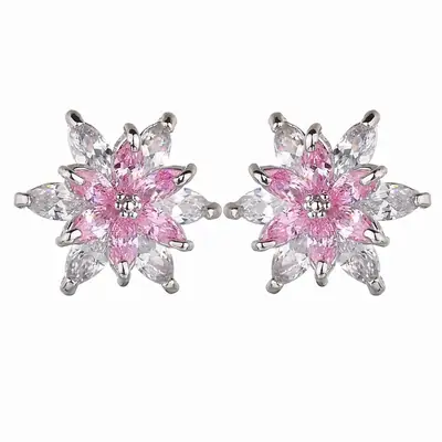 Korean Flower Earrings Pink Clear Zircon Silver
