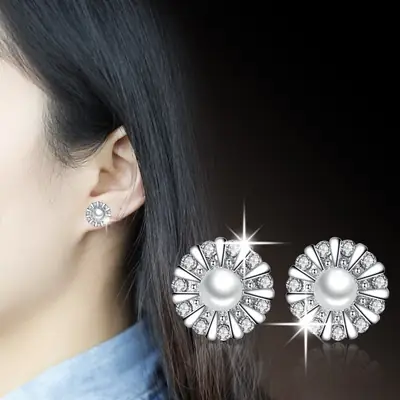 Silver Sunflower Pearl Earrings for Women