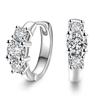 Three Diamond Zircon Earrings White Gold Pakistani Women