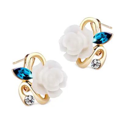 White Rose Earrings with Blue & Clear Stones Gold Tone