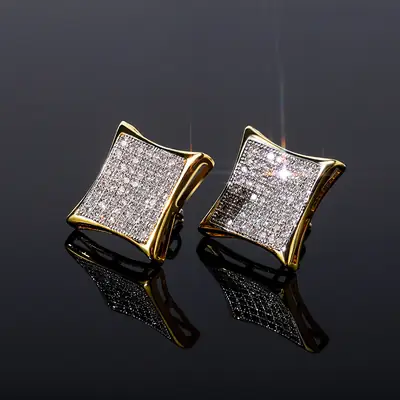 Square Zircon Earrings Real Gold Hip-Hop Style