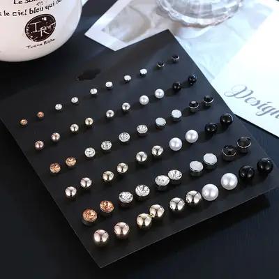 Pearl & Crystal Stud Earrings for Women, Silver Rose Gold Black Tones