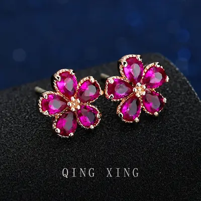Ruby Flower Earrings Qing Xing Rose Gold 925 Silver