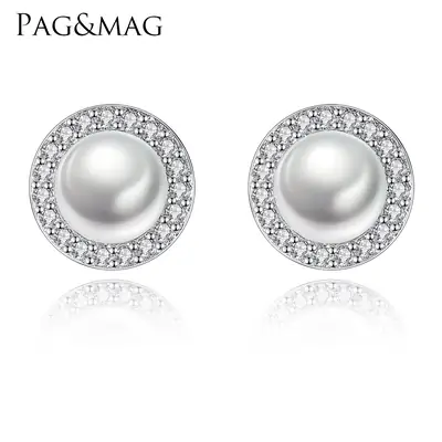 PAG & MAG Earrings Pearl Zircon Halo 925 Silver
