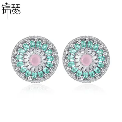 Round Earrings with Pink Zircon Floral Design