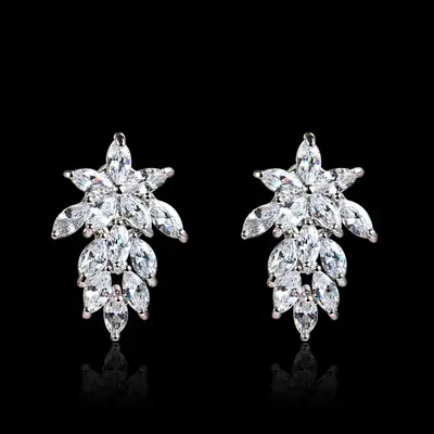 Korean Leaf Earrings Zircon Silver Hypoallergenic