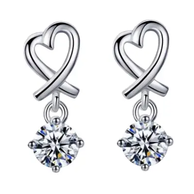 Heart Shaped Earrings with Sparkling Pendant 925 Silver