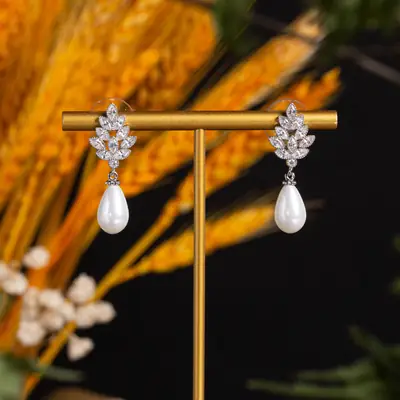 Pearl Drop Earrings Gold Plated Zircon Wedding Office