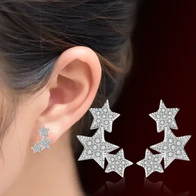 Five Point Star Earrings Silver Plated Zircon Luxury