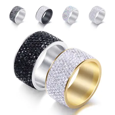 Men's 12mm Titanium Steel Diamond Ring 8 Rows White Gem Daily Wear