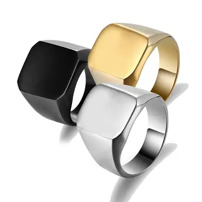 Men Titanium Steel Square Ring Golden Glow Daily Wear