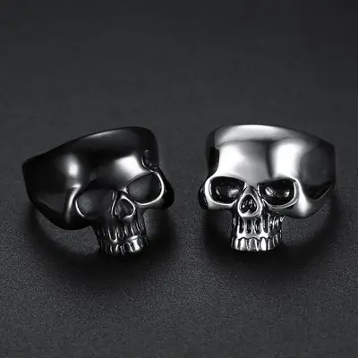Men Stainless Steel Skull Ring Black Glossy Punk Style