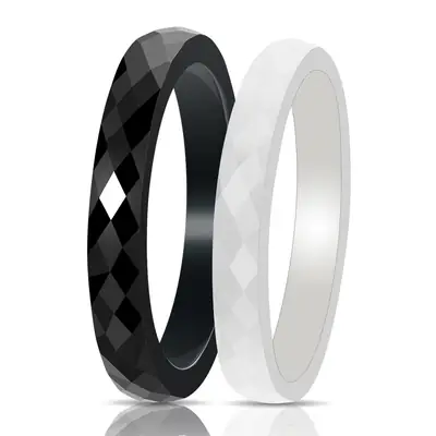 Ceramic Black White Rhombus Ring 3mm Glossy Daily Wear