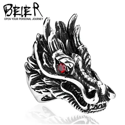 Men's Titanium Dragon Ring Red Eyes Stainless Steel