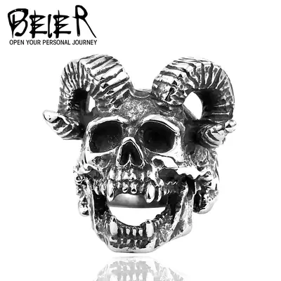 Men Stainless Steel Punk Skull Ring with Horns