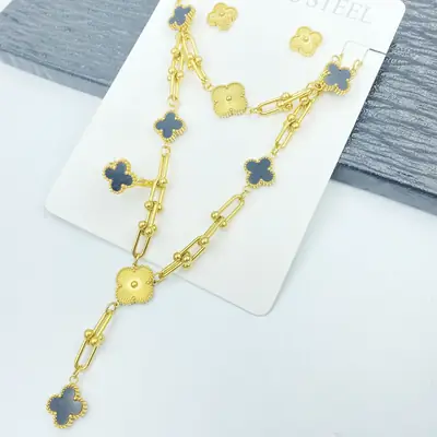 Four-Leaf Flower Bracelet Set Gold Turquoise Daily Wear Jewelry thumbnail 2