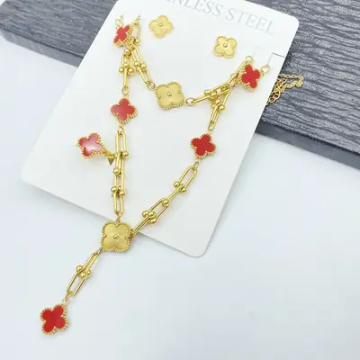 Four-Leaf Flower Bracelet Set Gold Turquoise Daily Wear Jewelry thumbnail 3