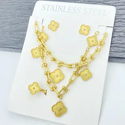Four-Leaf Flower Bracelet Set Gold Turquoise Daily Wear Jewelry thumbnail 9