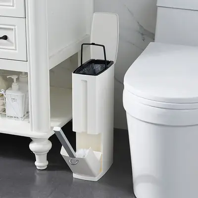 Modern Toilet Brush & Trash Can Set White Plastic