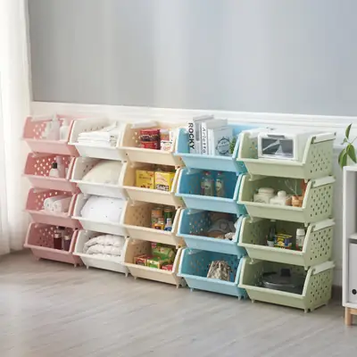 Stackable Plastic Storage Baskets for Kitchen Bathroom Home Organization
