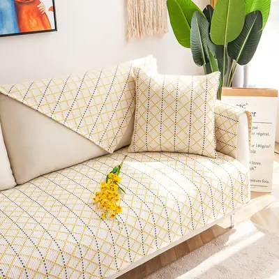 Yellow Grid Sofa Cover Cotton Linen Non-Slip