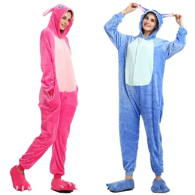 Blue & Pink Velvet Stitch Onesie Pajamas Winter Couple