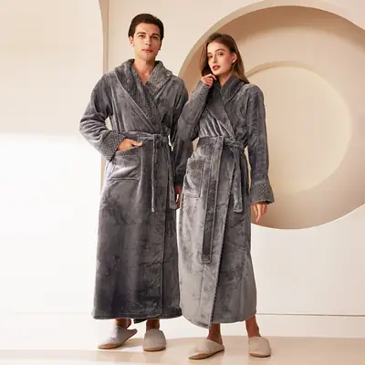 Coral Velvet Bathrobe Set for Couples Gray Loose Fit