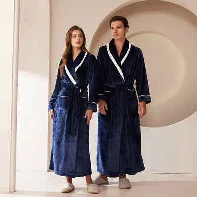 Navy Blue Velvet Bathrobes for Couples Winter Warmth