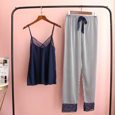 Ice Silk Sling Pajamas Striped Trousers Lace Set