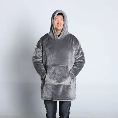 Grey Hooded Flannel TV Blanket Sweatshirt Home Wear