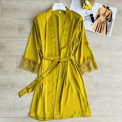 Silk Kimono Bathrobe for Women Summer Yellow