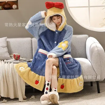 Women Hooded Fleece Pajamas Snow White Cute Winter Home Wear