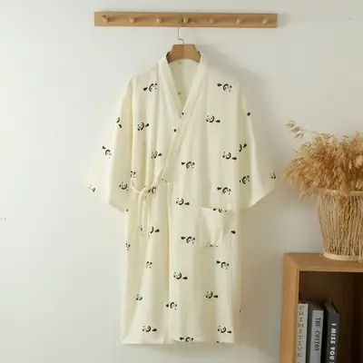 Women Loose Panda Print Cotton Kimono Bathrobe Plus Size