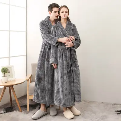 Couple Velvet Bathrobes Gray Plus Size Warm Thick