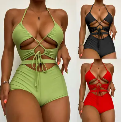 Stylish Hollow Split Bikini Set Red Black Green