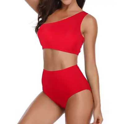 Red One Shoulder High Waist Swim Suit for Women