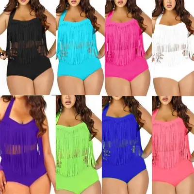 Plus Size Tassel Bikini for Women White High Waist