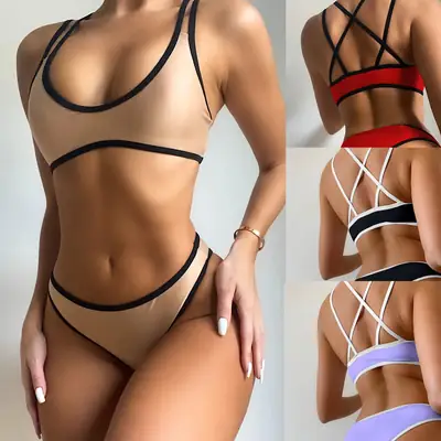 Women Solid Color Bandage Split Swimsuit Red