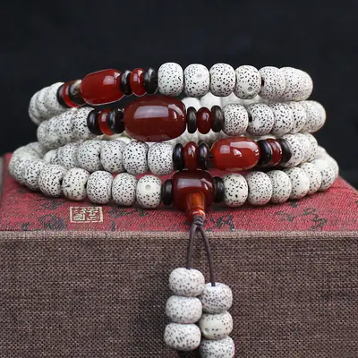 108 Bead Bracelet White Black Star Moon Bodhi Red Agate