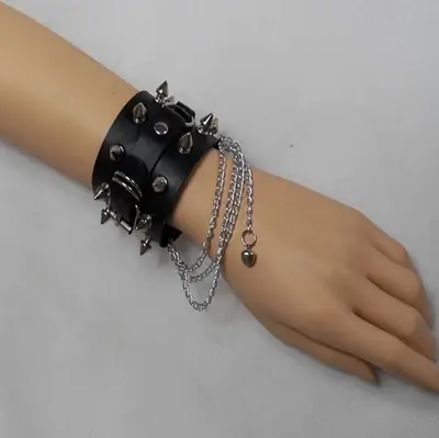 Punk Black Leather Bracelet with Spikes & Chains for Teens