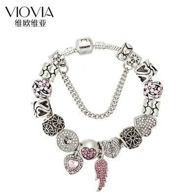 Silver Heart Charm Bracelet with Pink Diamonds for Women